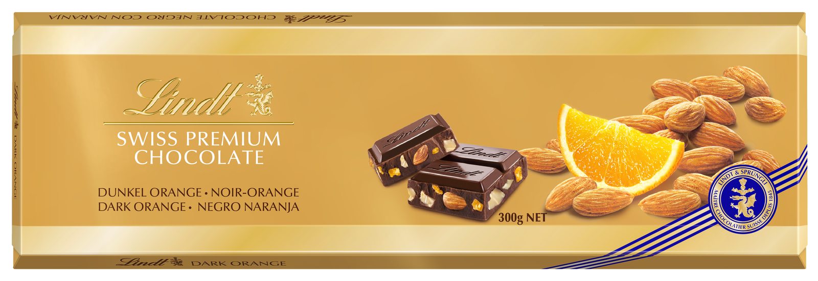 Lindt GOLD velika temna s pomarančo in mandlji 300g