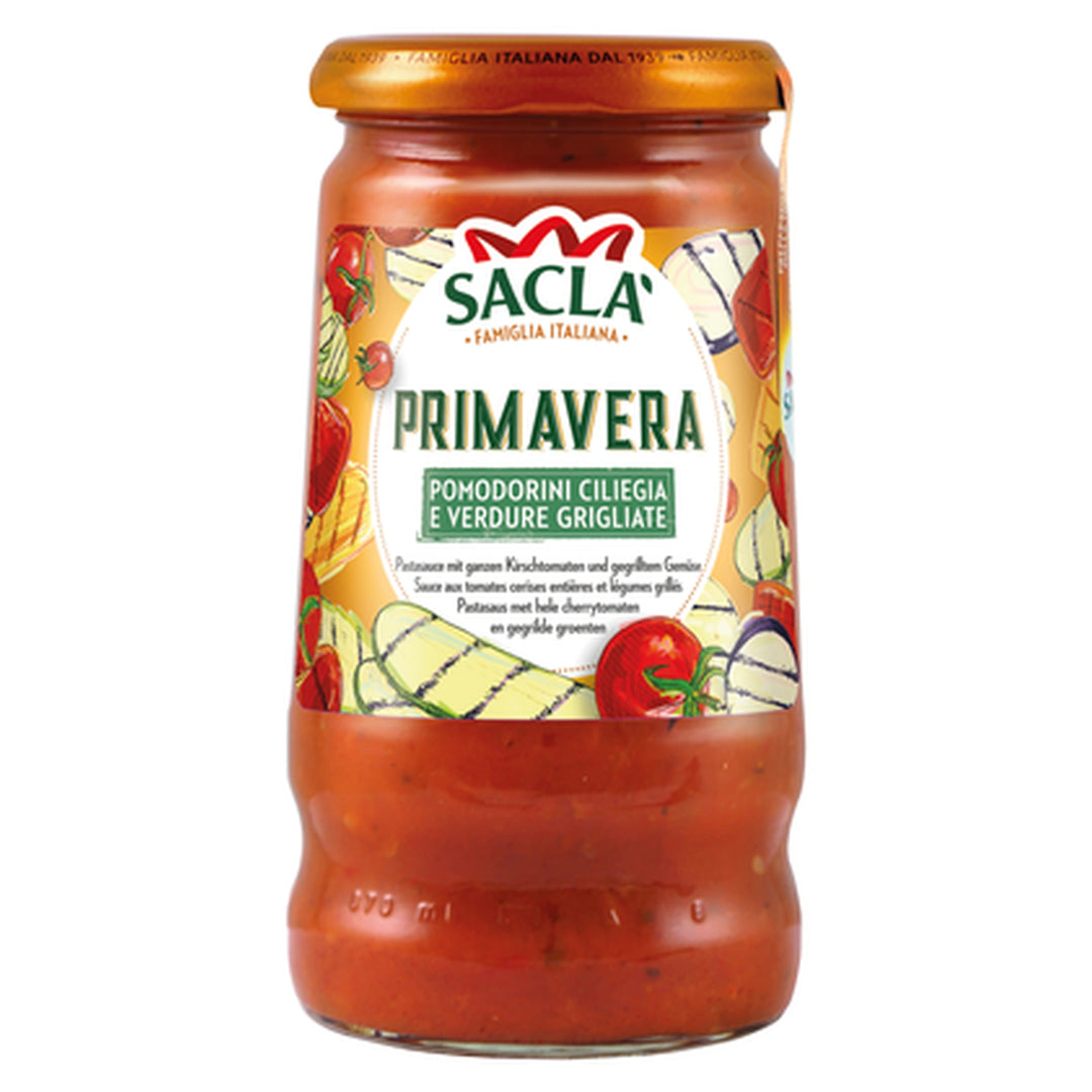 Sacla omaka Primavera s celimi češnjevimi paradižniki in zelenjavo na žaru 350g