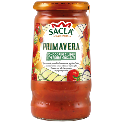 Sacla omaka Primavera s celimi češnjevimi paradižniki in zelenjavo na žaru 350g