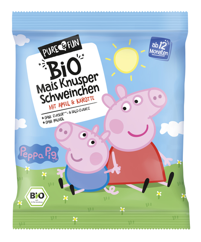 Pure&fun Peppa BIO ektrudirani koruzni prigrizek z jabolkom in korenčkom v prahu 30g
